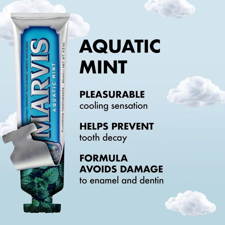 خمیر دندان لوکس MARVIS Aquatic Mint با طعم نعناع خنک و طراوت دریایی، حاوی فلوراید و زایلیتول؛ مناسب پاکسازی روزانه دندانها و ایجاد حس تازگی ماندگار.