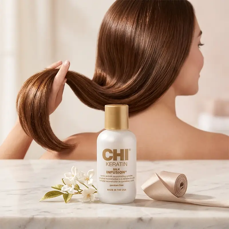 سرم کراتین و ابریشم CHI Keratin Silk Infusion حجم 15 میل؛ سرم بدون آبکشی برای افزایش نرمی و درخشندگی، بهبود حالت‌پذیری و کمک به کنترل وز مو.