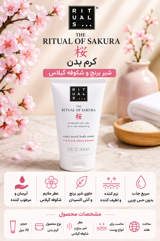 کرم بدن RITUALS The Ritual of Sakura حجم 70 میل با شیر برنج و رایحه لطیف شکوفه گیلاس، برای رطوبترسانی و افزایش نرمی و لطافت پوست؛ با رایحه گلی و دلنشین و سایز کوچک مناسب استفاده روزانه و سفر.