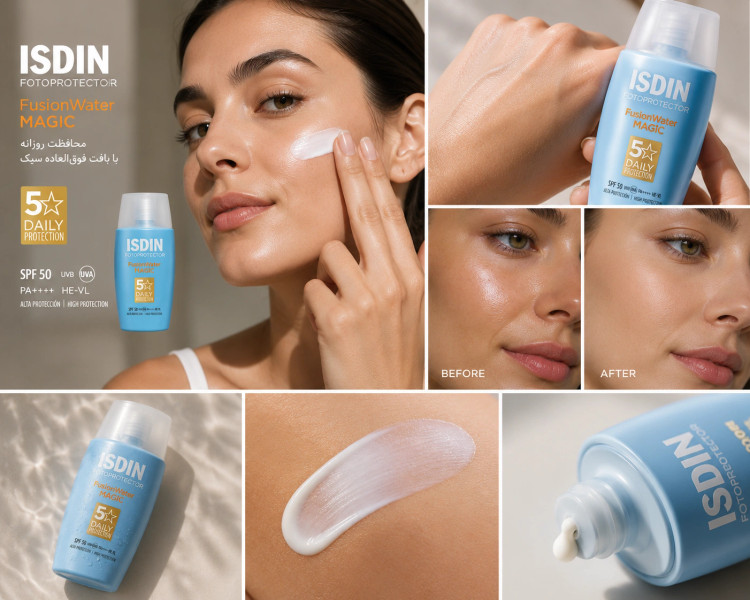 ضد آفتاب ایزدین فیوژن واتر - ISDIN Fusion Water SPF 50 با بافت فوق سبک و پایه آبی، محافظت بالا در برابر UVA و UVB و فرمول Oil-Free؛ مناسب استفاده روزانه و انواع پوست، با قابلیت استفاده در اطراف چشم و جذب سریع بدون ایجاد حس سنگینی.SPF 50