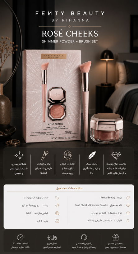 ست هایلایتر فنتی بیوتی Fairy Bomb + براش Rosé Cheeks