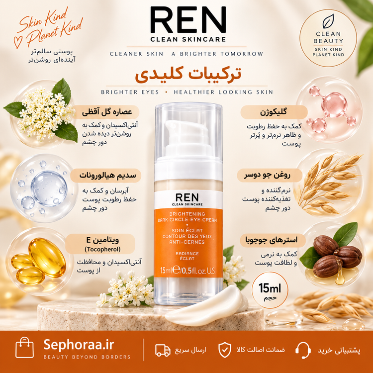 کرم دور چشم روشنکننده REN Brightening Dark Circle Eye Cream حجم 15 میل - فولسایز - اصل