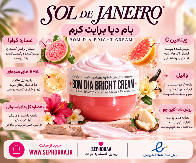 کرم بدن سول د ژانیرو Bom Dia Bright اصل 75 میل | AHA و ویتامین C